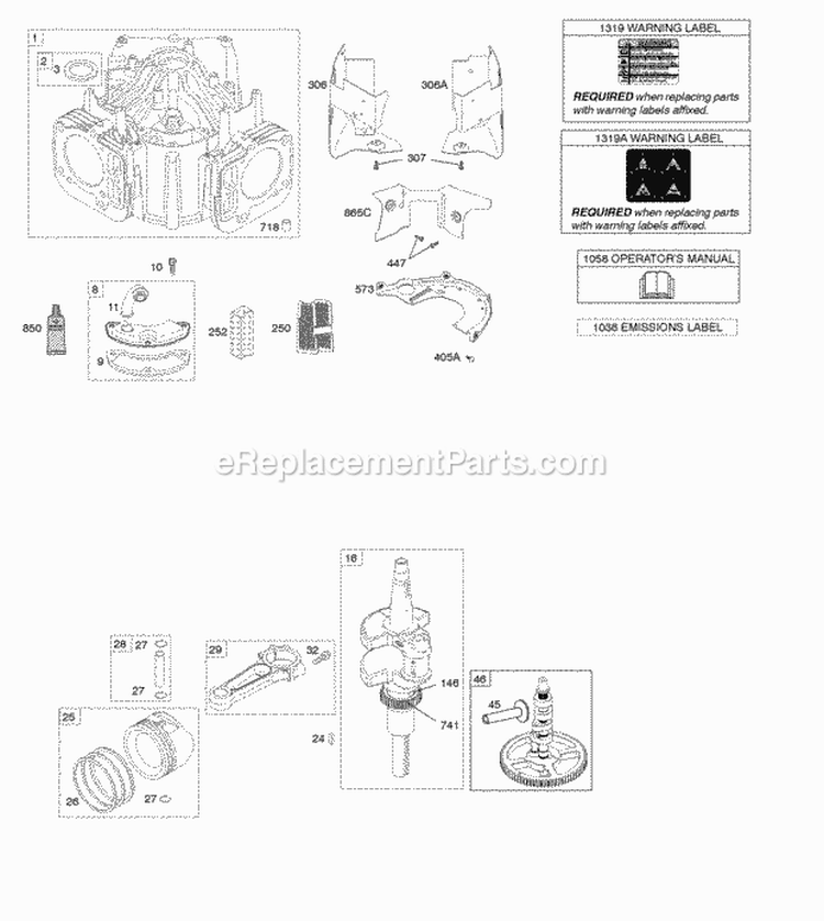 Camshaft Crankshaft Cylinder PistonRingsConnectiong Rod Diagram and Parts List for 49M977-0110-E1  Briggs and Stratton Engine